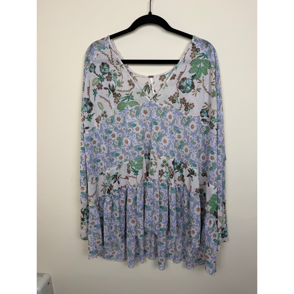 Free People Isabelle Tunic Women's M Blue Purple Floral Patchwork Tiered Boho